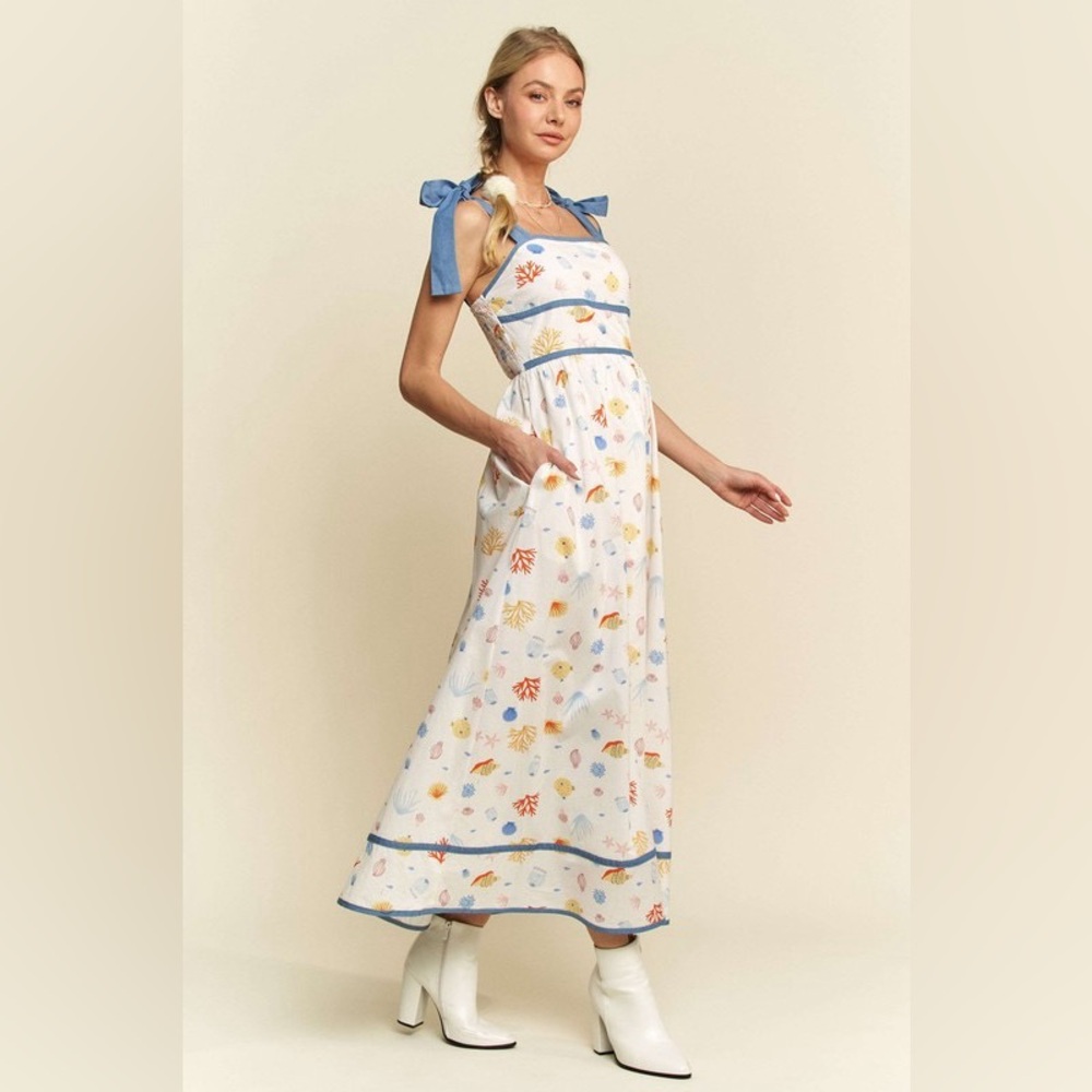 Floral White and Blue Maxi Denim Binding Detail Smocking Summer Maxi Dress - Picture 4 of 10